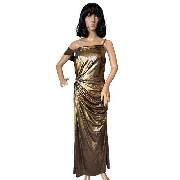 IEENA for Mac Duggal Gold Metallic One-Shoulder Gown style 26728 size 8 - Picture 5 of 17